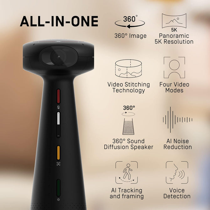 IPEVO Totem 360, Panoramic 360-Degree Conference Camera, USB-C Plug'n'Play, Multiple AI Mode, w/Speaker, Microphone & Noise Reduction, Human-Eye Experience by Four Lens Stitched Display, Zoom & Teams