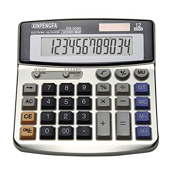 Xinpengfa Office Calculator, Solar and Battery Dual Power, Metal Surface 12 Digit Display Big LCD and Large Button