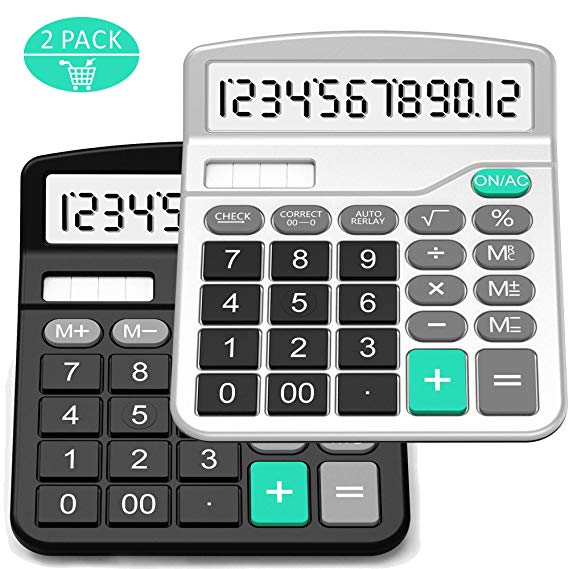 Calculator, Splaks 2 Pack Standard Functional Desktop Calculator Sola and AA Battery Dual Power Electronic Calculator with 12-Digit Large Display (1 Basic Black&1 Updated Silver)