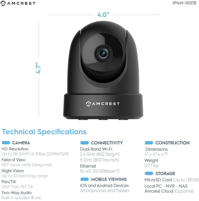 Amcrest 4MP UltraHD Indoor WiFi Camera, Security IP Camera with Pan/Tilt, Two-Way Audio, Night Vision, Remote Viewing,  IP4M-1051B (Black)